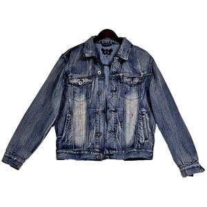 FUSAI Stone Washed Distressed Stretch Denim Jean Jacket Size Small Vintage